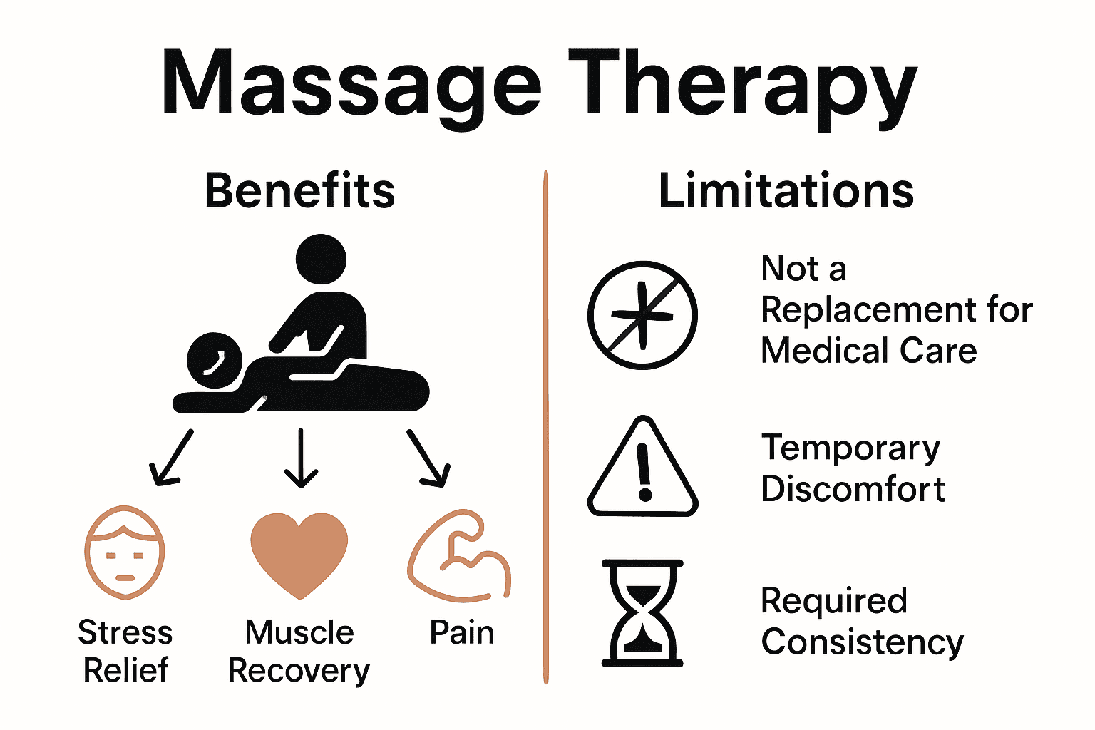 Infographic comparing massage therapy benefits and limitations.