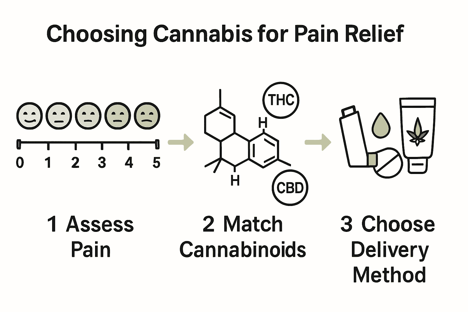 Step-by-step infographic showing how to choose cannabis for pain relief.