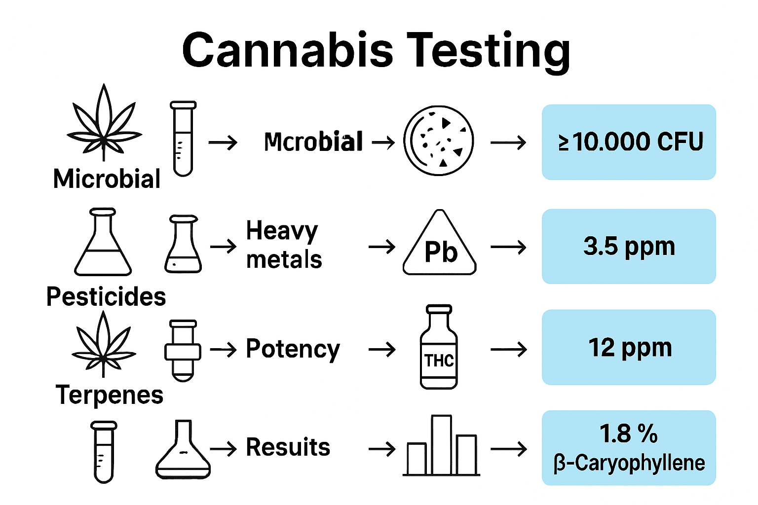 Infographic showing five cannabis safety testing methods and common findings