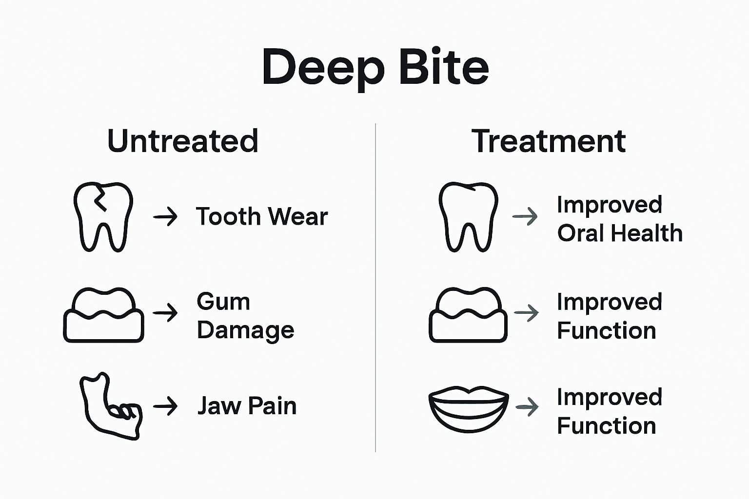 Infographic comparing untreated deep bite risks with treatment benefits using icons and arrows.