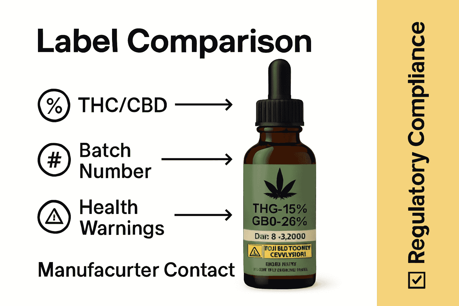 Infographic of cannabis label with icons for THC/CBD, batch, warnings, and contact.