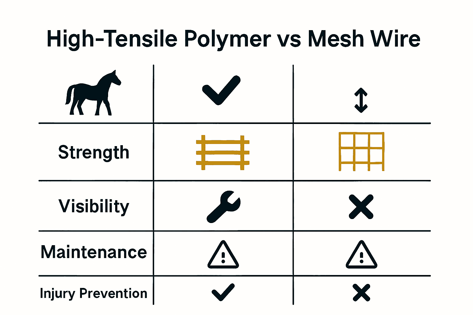 Infographic comparing mesh wire and polymer horse fences for safety and features