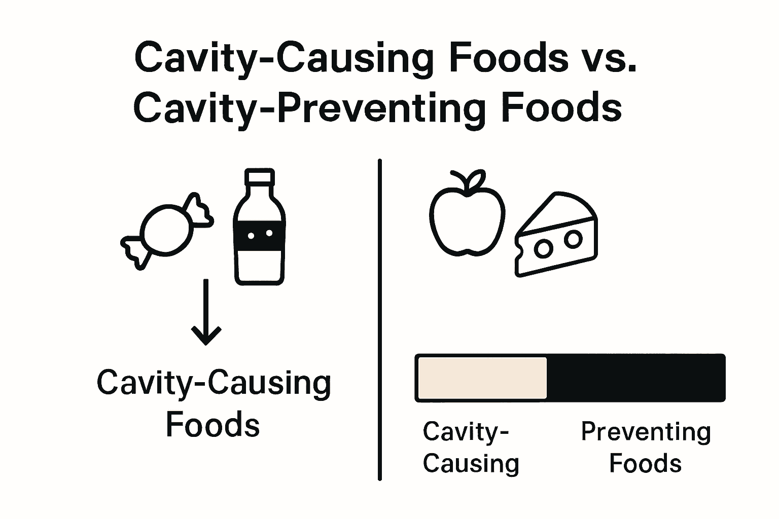 Infographic comparing foods that cause cavities versus foods that prevent cavities.
