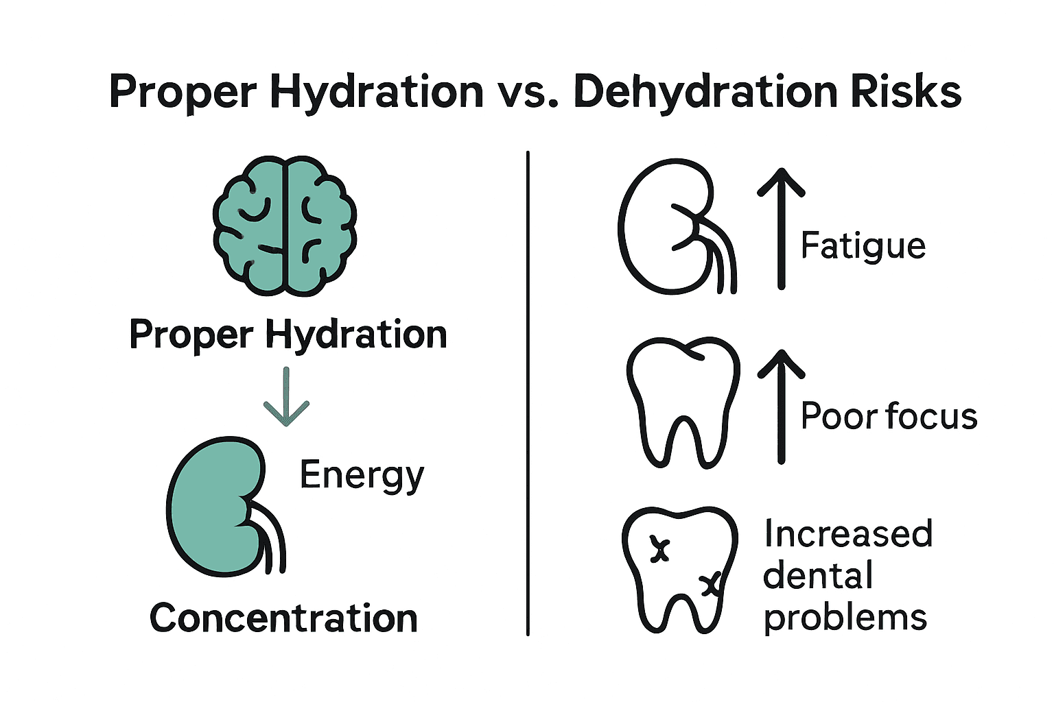 Infographic comparing healthy hydration benefits and dehydration risks with icons.