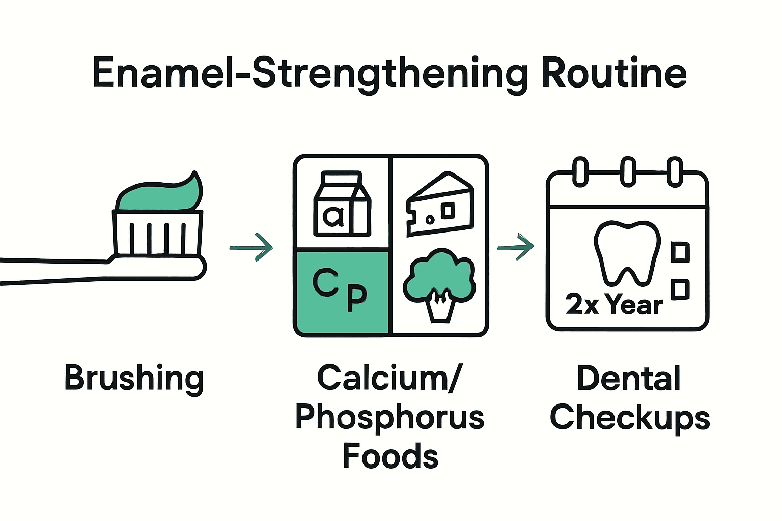 Infographic displaying three key steps to strengthen tooth enamel naturally: proper oral hygiene, mineral-rich diet, and dental checkups.