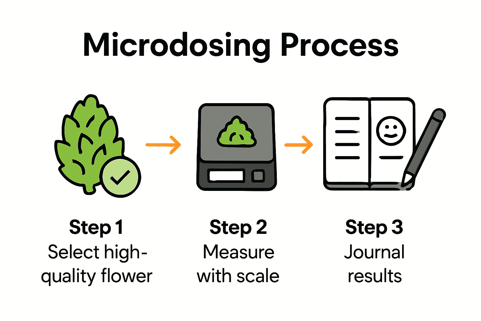 Three-step microdosing CBD infographic with icons for selection, measurement, and tracking.