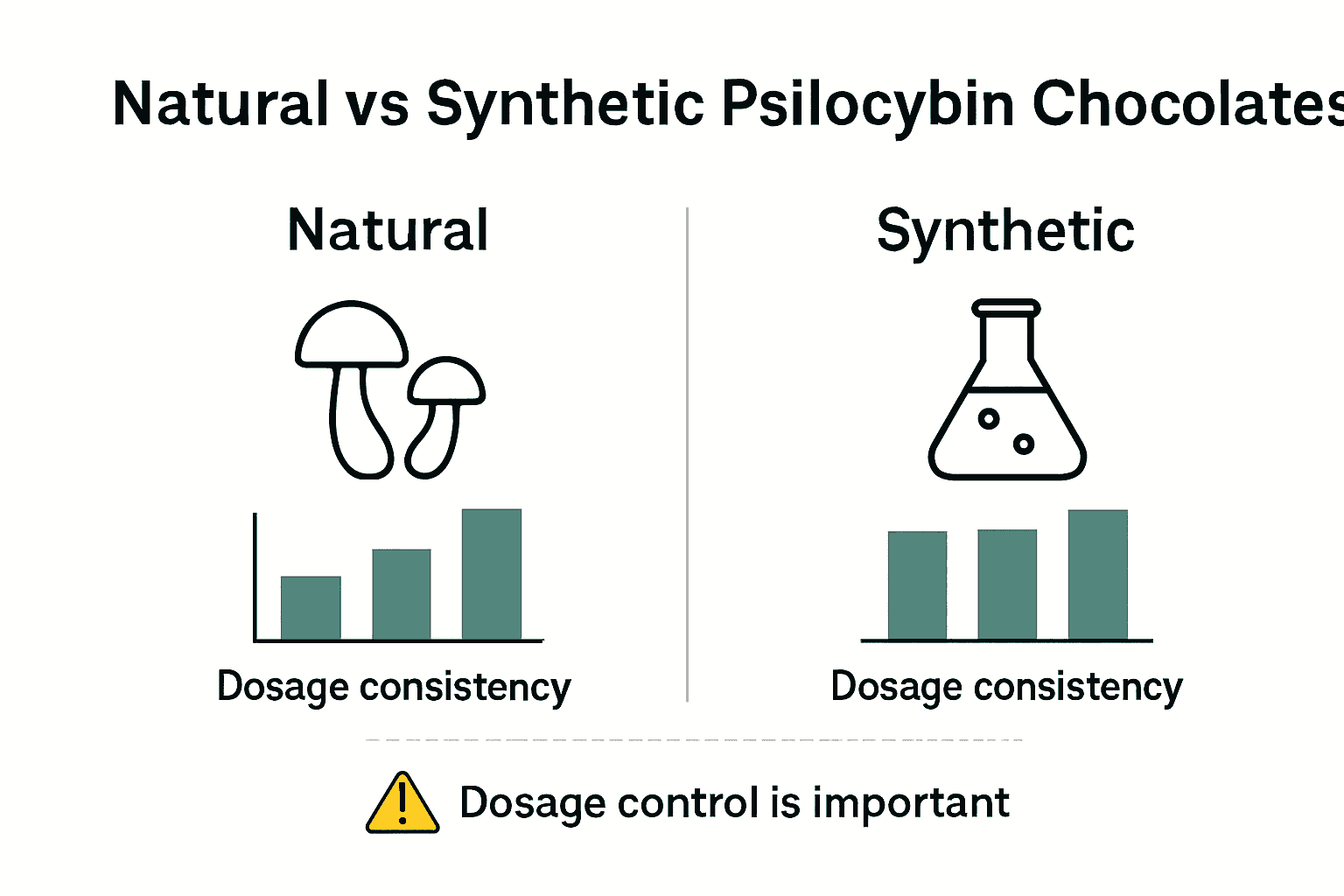 Infographic comparing natural and synthetic psilocybin chocolates with dosage and safety icons.