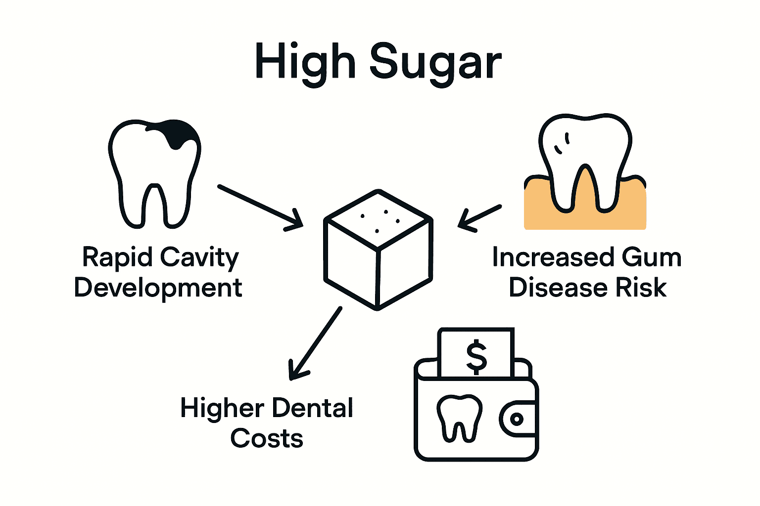 Infographic of sugar’s dental risks with icons for cavities, gum disease, and costs.