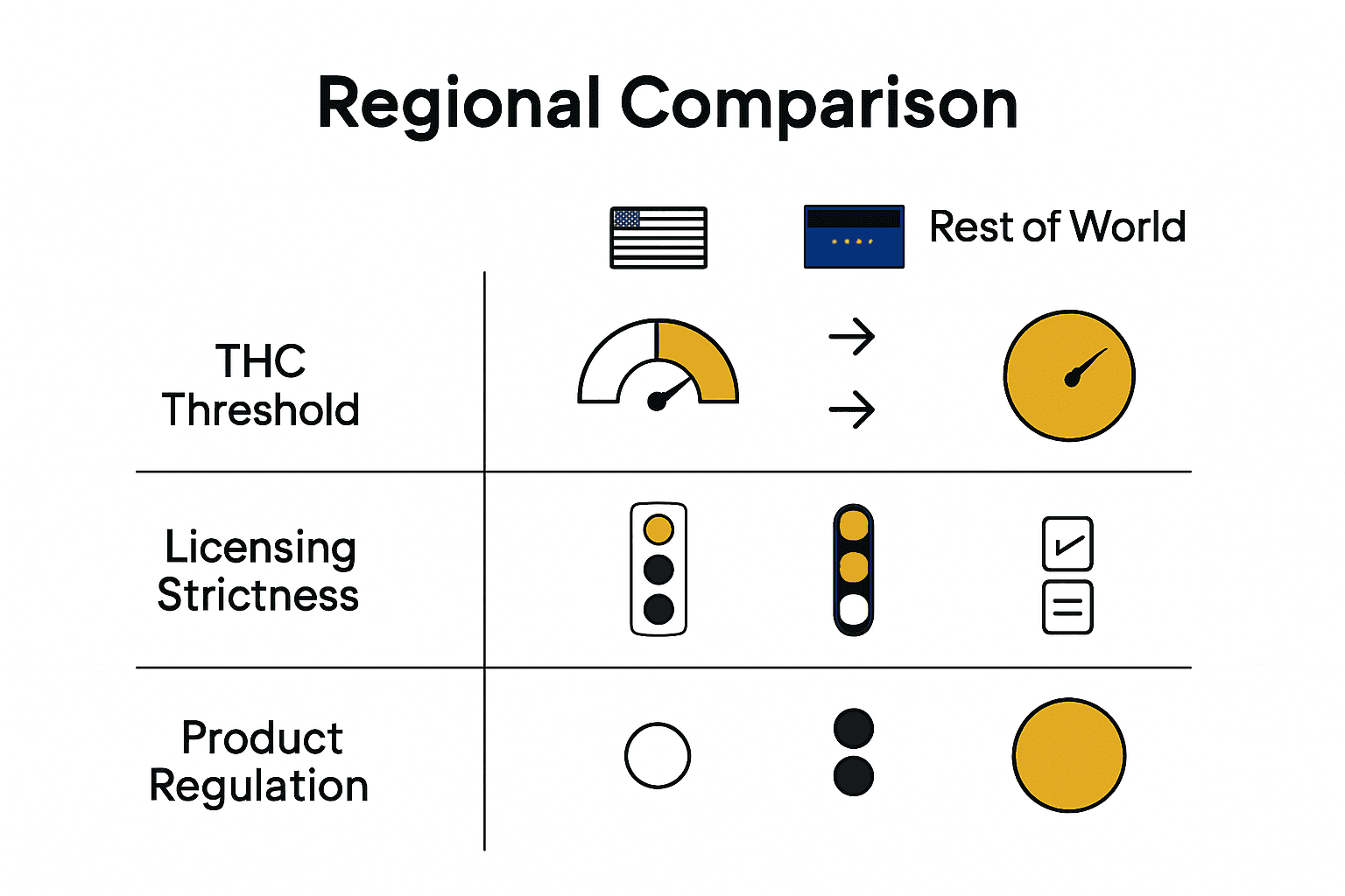 Infographic comparing hemp laws in USA, Europe, and globally.