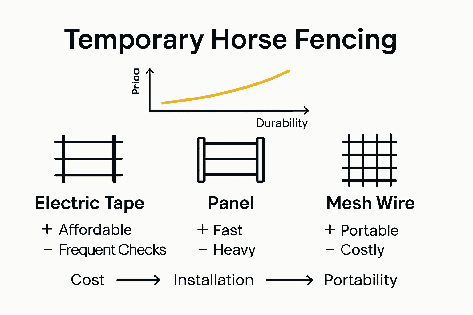 Infographic comparing electric tape, panel, and mesh wire temporary horse fencing solutions.