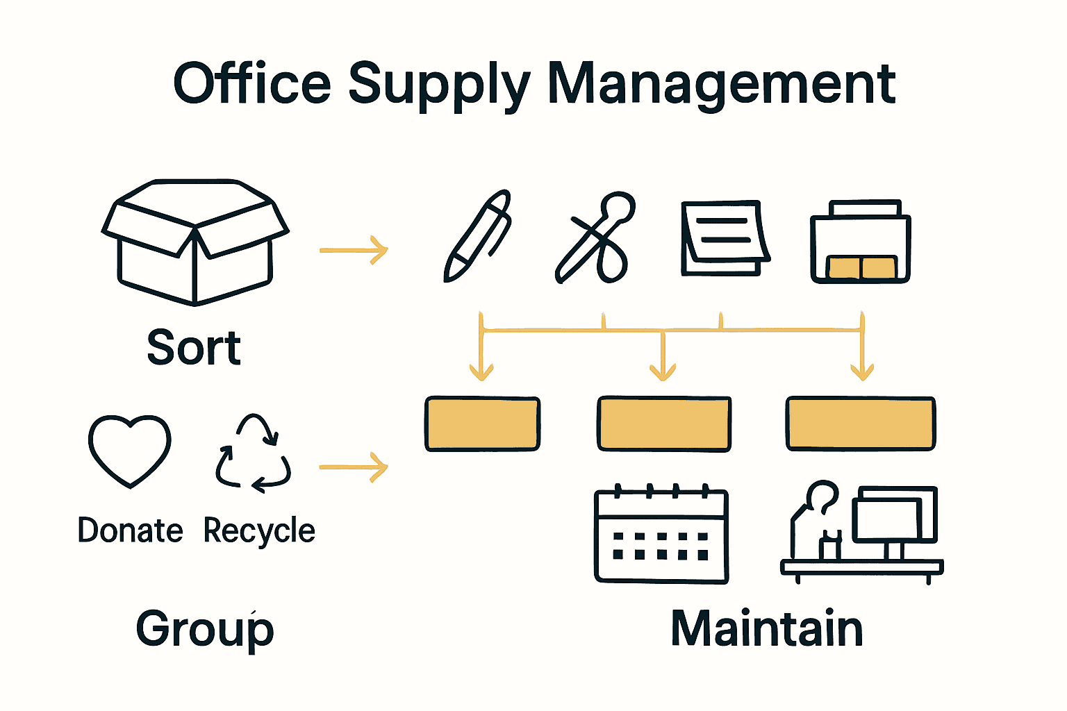 Infographic with icons showing office supply sorting, grouping, and maintenance steps