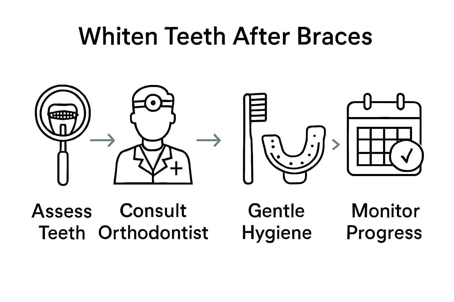 Infographic showing five steps to safely whiten teeth after braces removal.