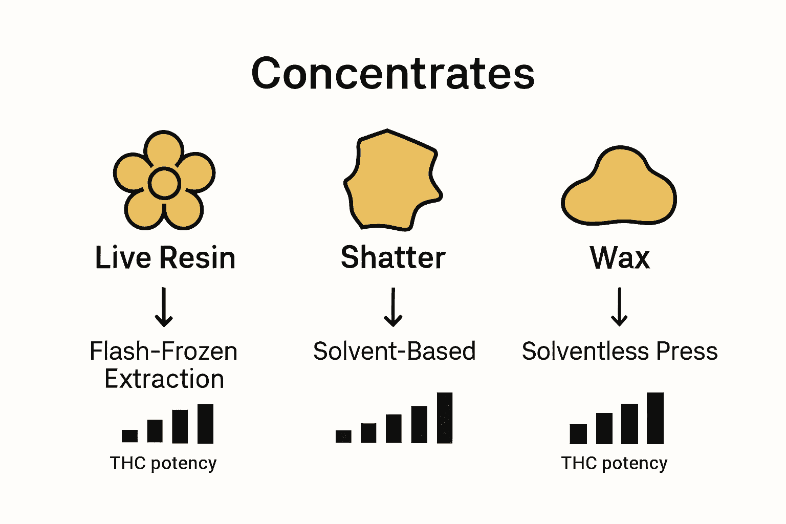 Infographic comparing live resin, shatter, and wax extraction methods and THC potency.