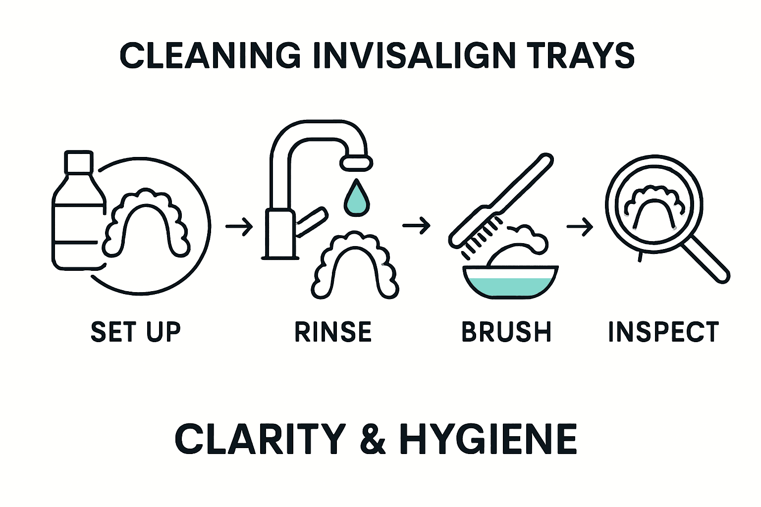 Infographic showing 5 steps to clean Invisalign trays with icons for workspace, rinsing, brushing, soaking, and inspecting.