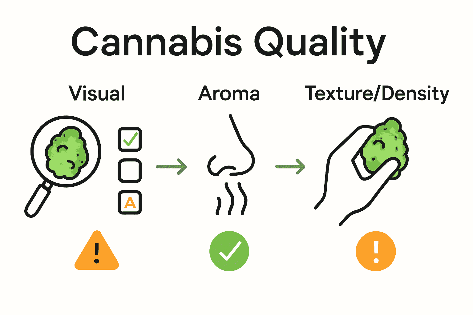Infographic showing steps to judge cannabis quality by sight, smell, and touch.