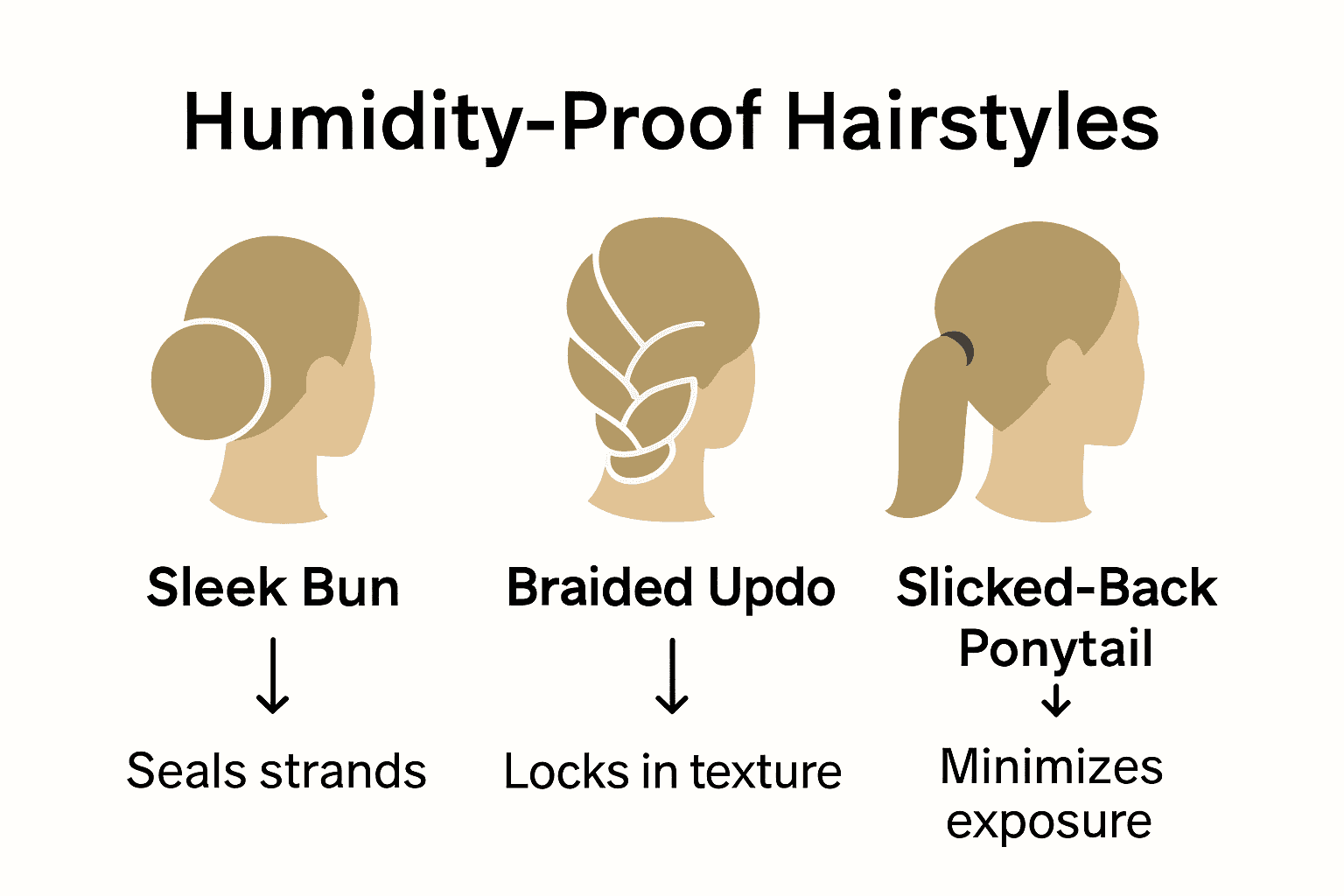 Infographic comparing humidity proof hairstyle options with icons and benefits.