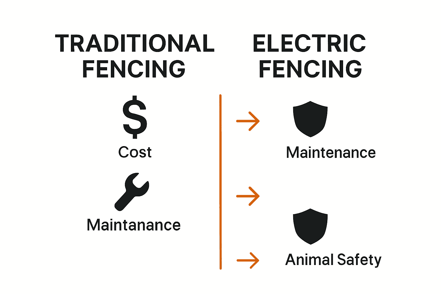 Infographic comparing cost, safety, and maintenance of electric versus traditional cattle fencing