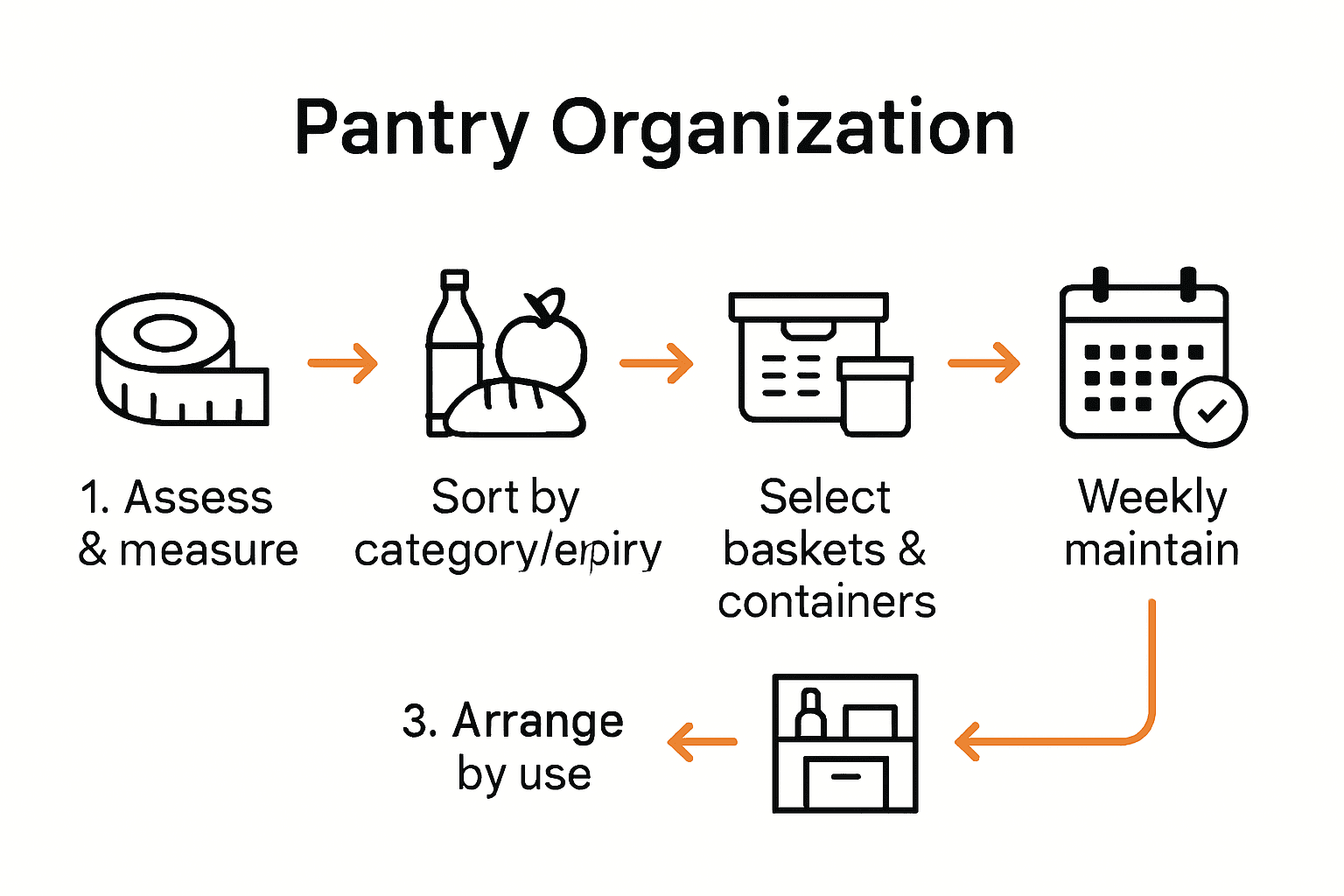 Infographic showing five steps to pantry basket organization.
