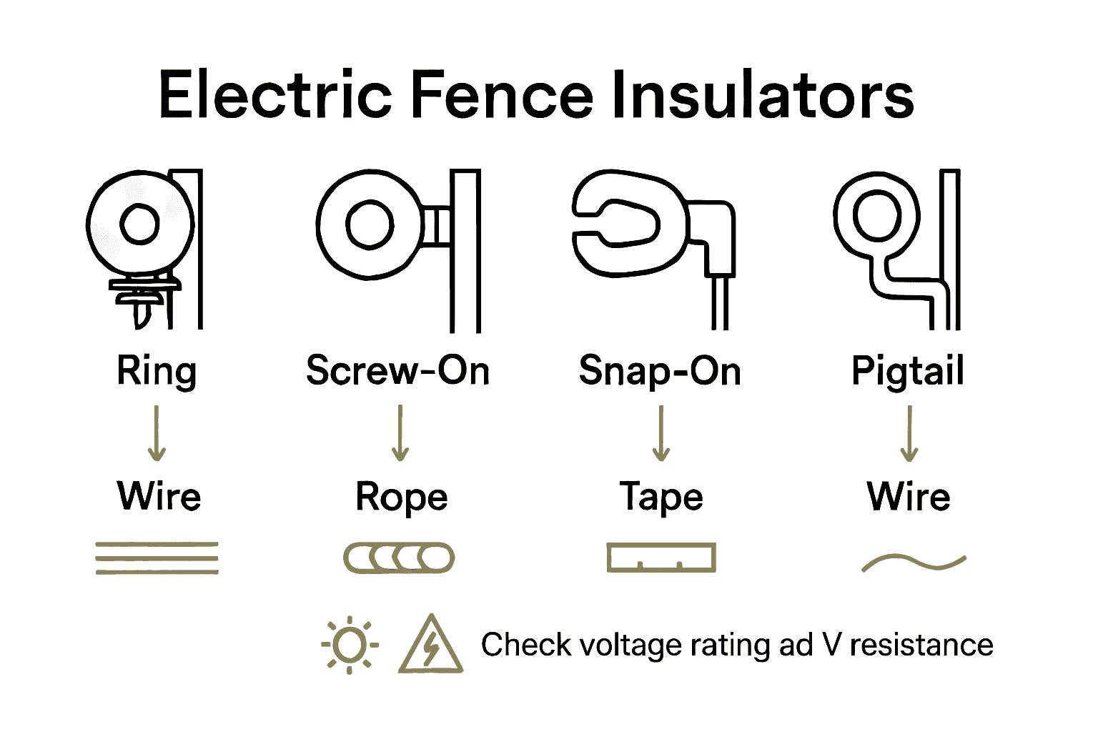 Infographic comparing electric fence insulator types for steel posts with icons and recommendations.