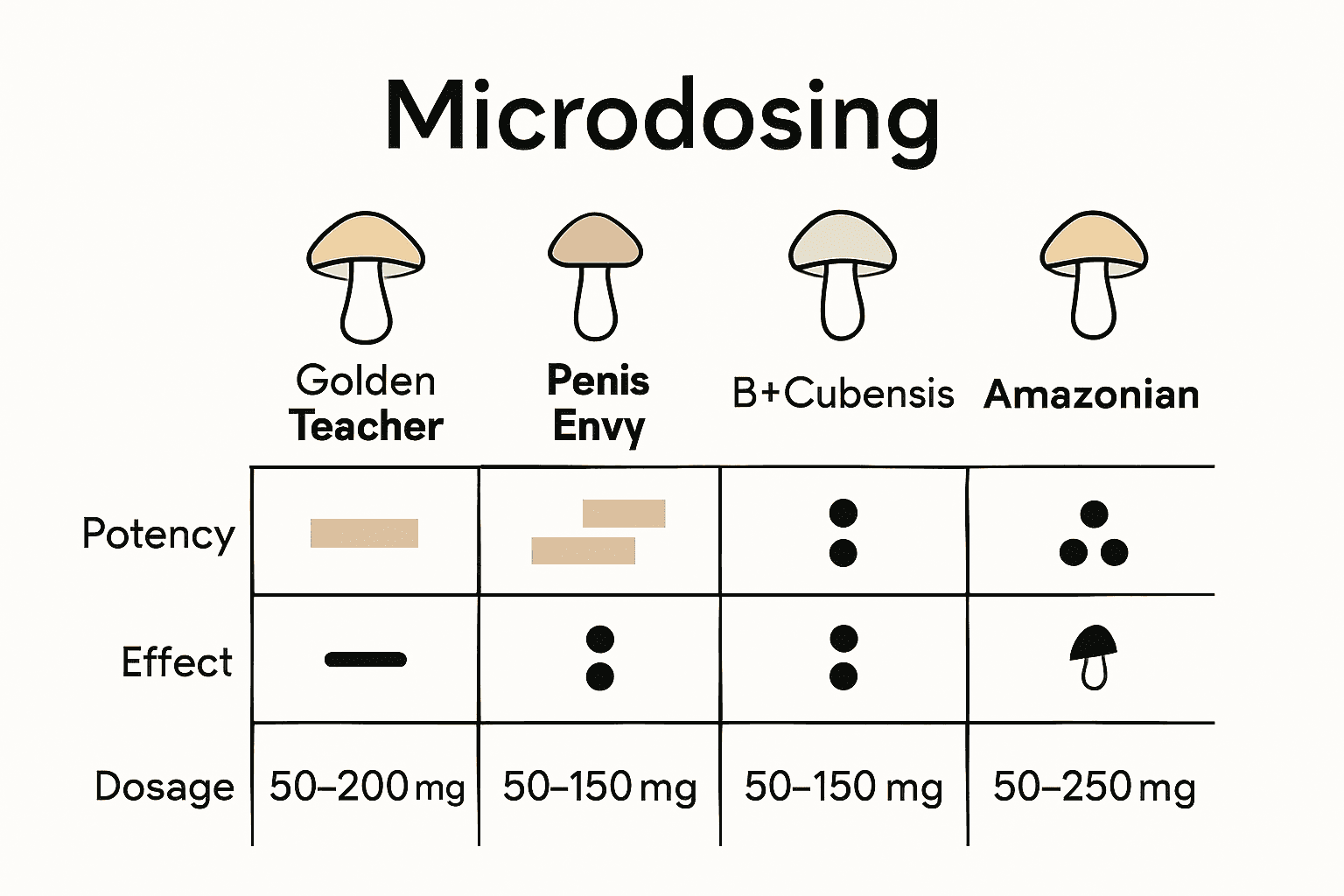 Infographic comparing effects and doses of four psilocybin mushroom strains