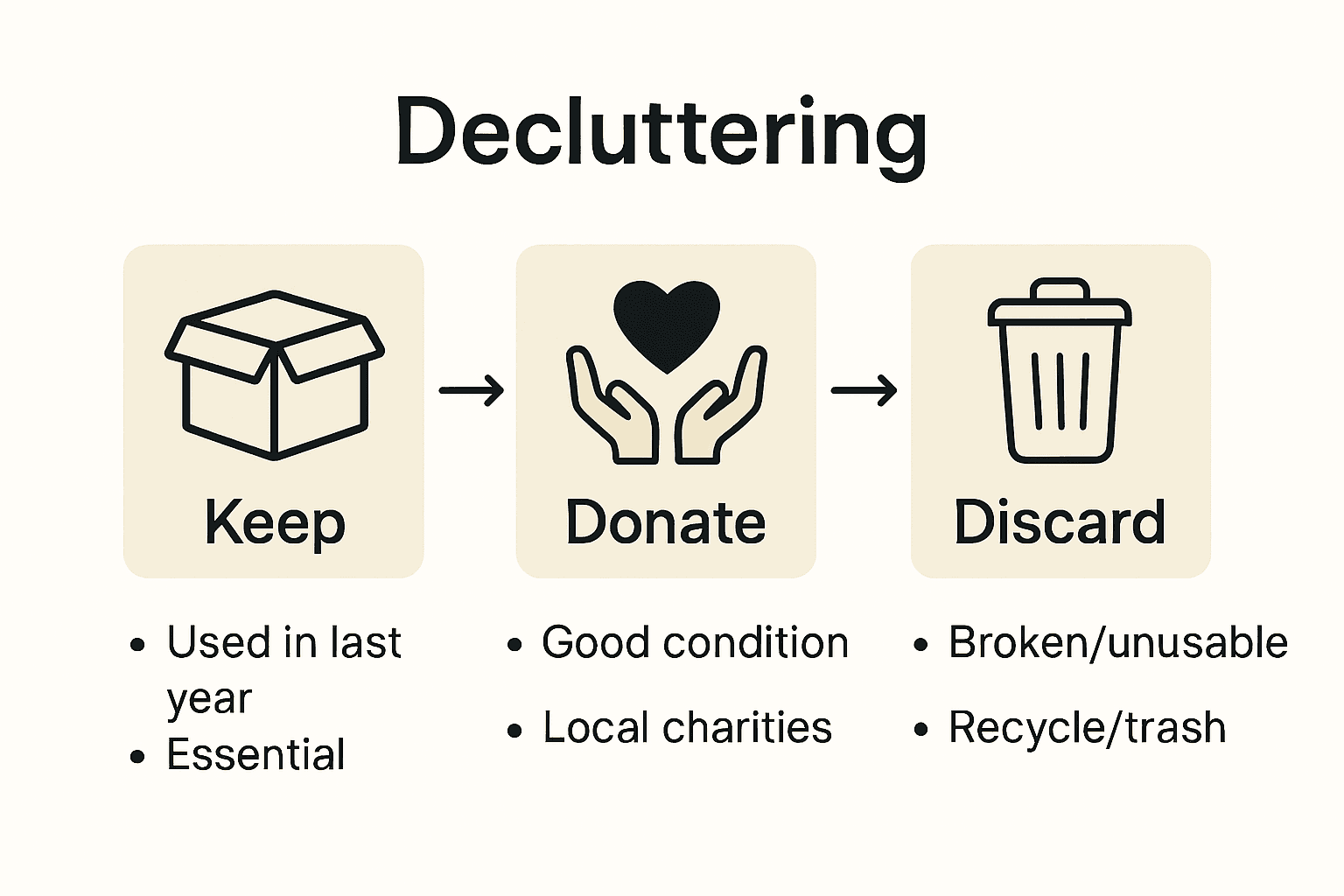 Infographic comparing keep, donate, and discard categories for decluttering.