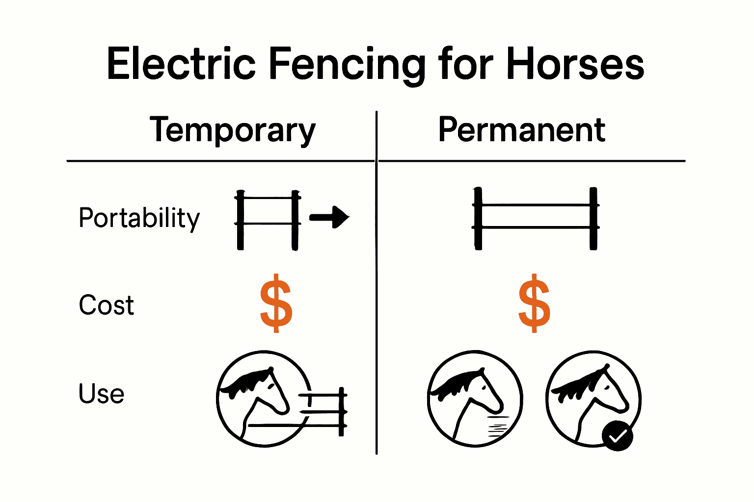 Comparison chart: temporary vs. permanent horse fencing with icons for cost, usage, and portability.