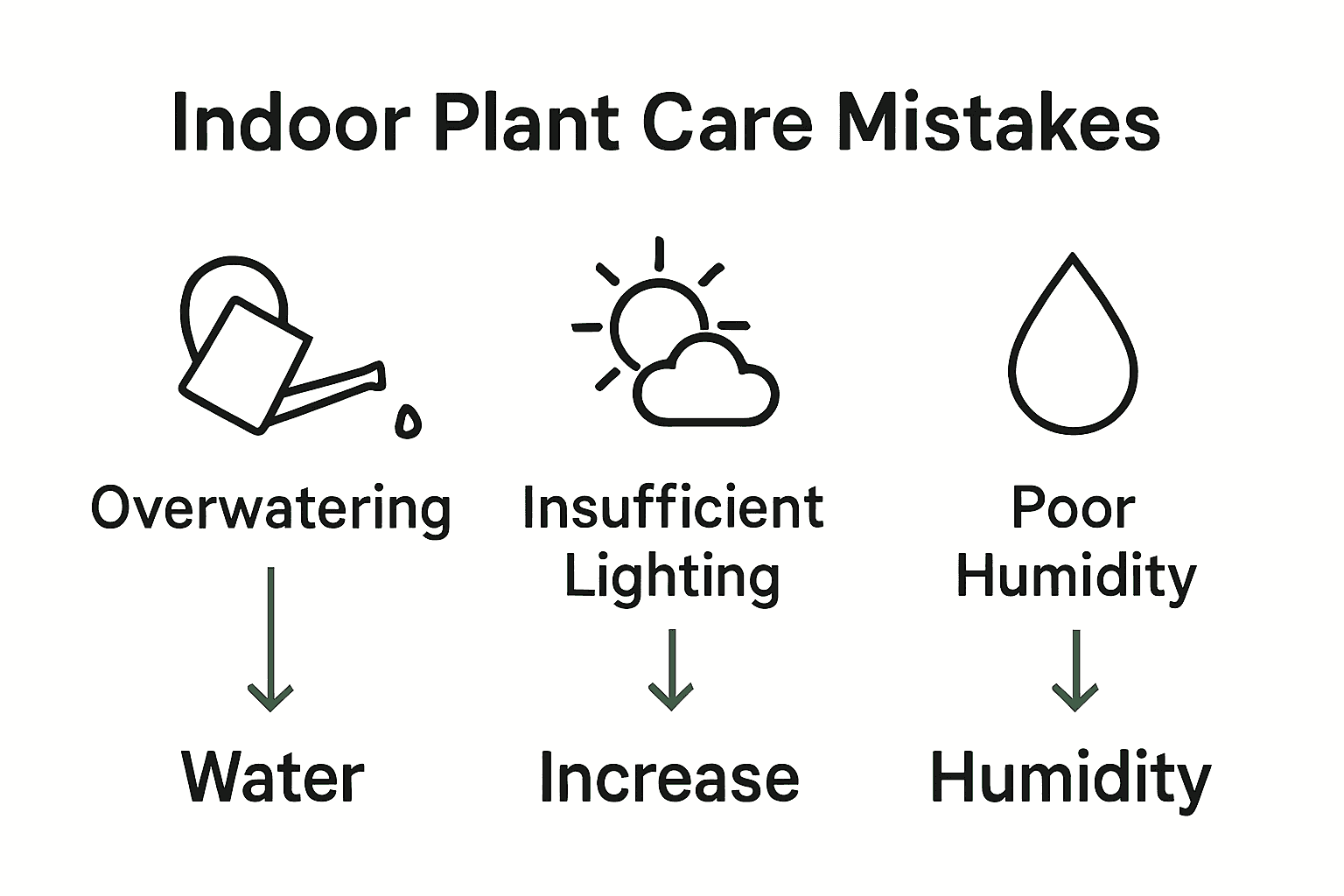 Infographic showing top three indoor plant care mistakes and quick solutions: overwatering, insufficient light, and poor humidity.