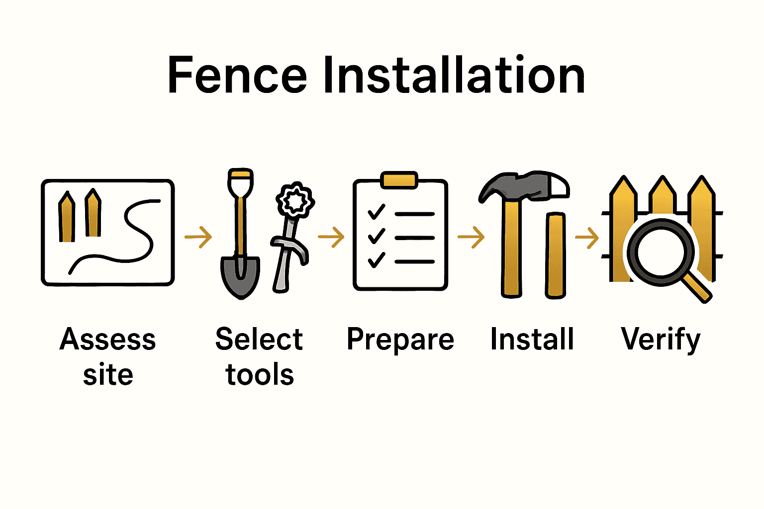 Diagram showing five steps to installing a reliable fence with icons and arrows connecting each stage.