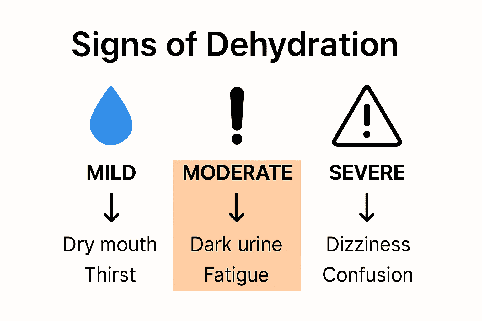 Infographic comparing mild, moderate, and severe dehydration signs.