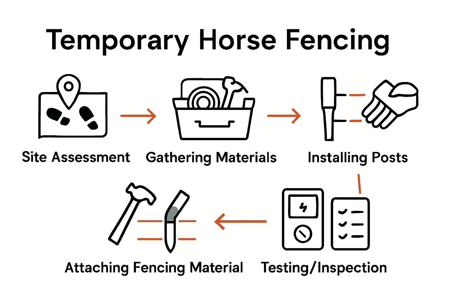 Simple infographic showing five steps for installing temporary horse fencing