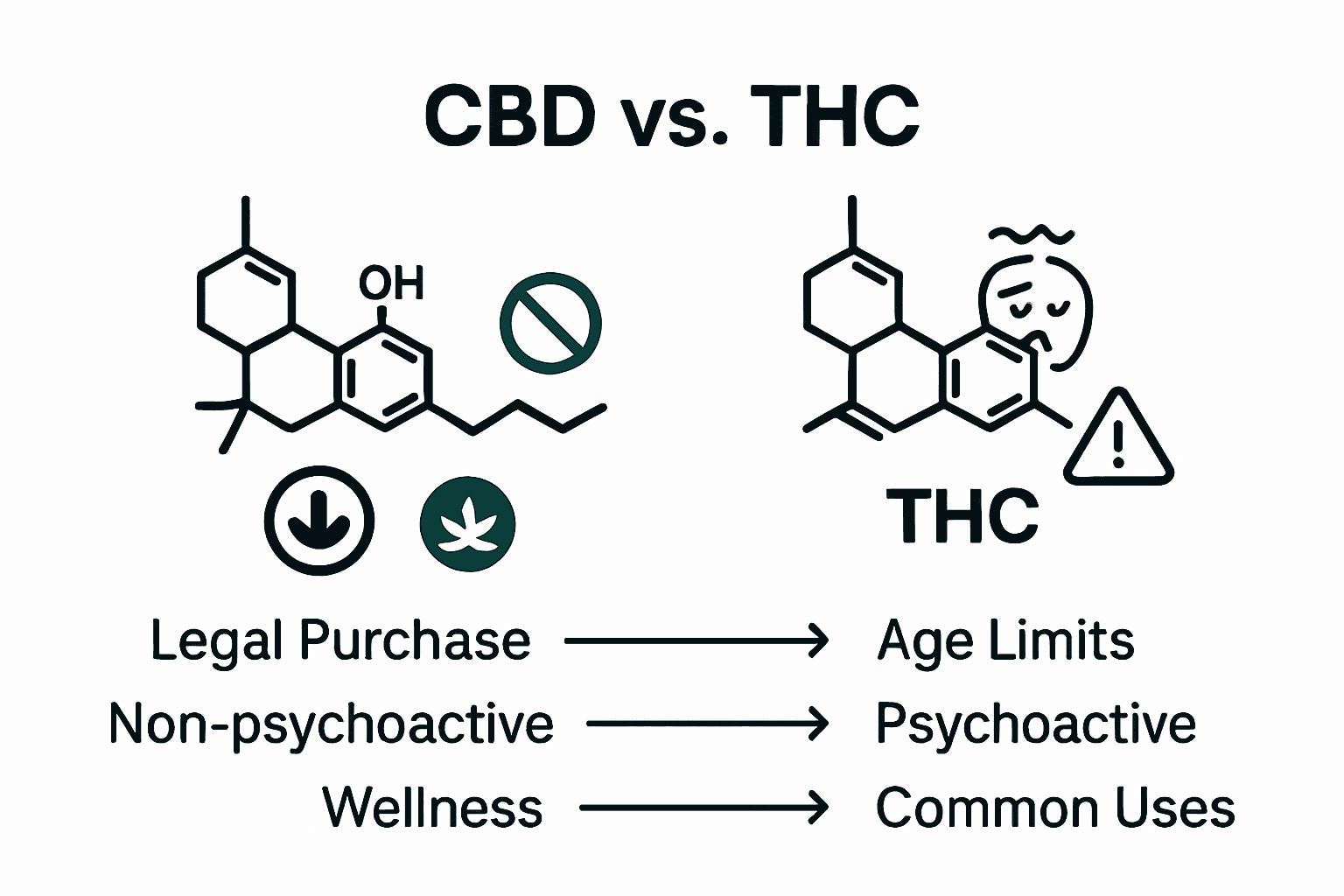Infographic comparing CBD and THC effects, legal status, and usage
