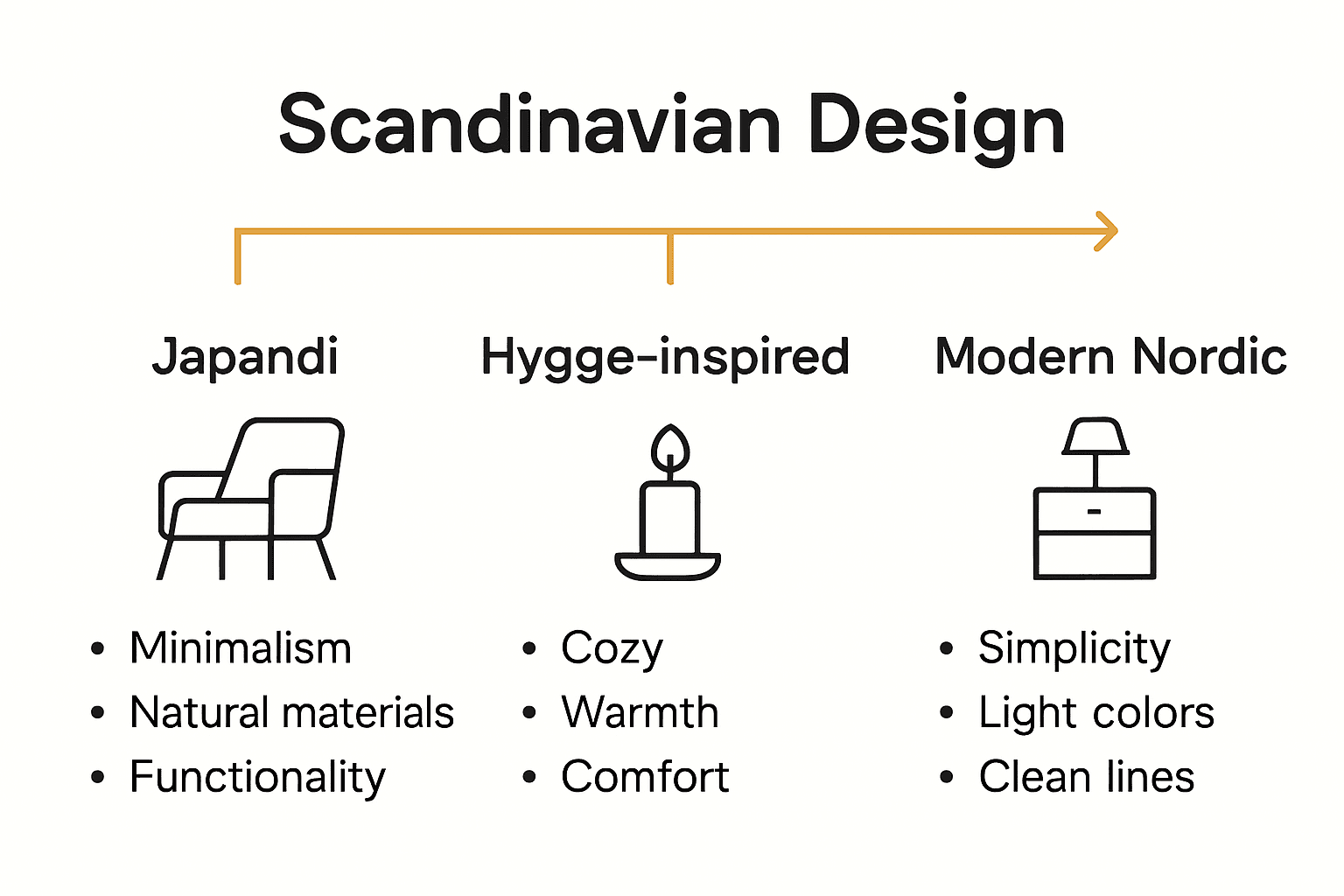 Infographic showing three types of Scandinavian design: Japandi, Hygge-inspired, and Modern Nordic.