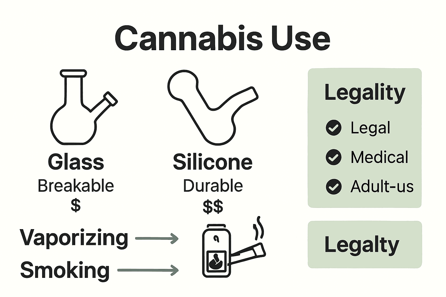 Infographic comparing glass and silicone pipes, vaporization steps, and legal checklist.