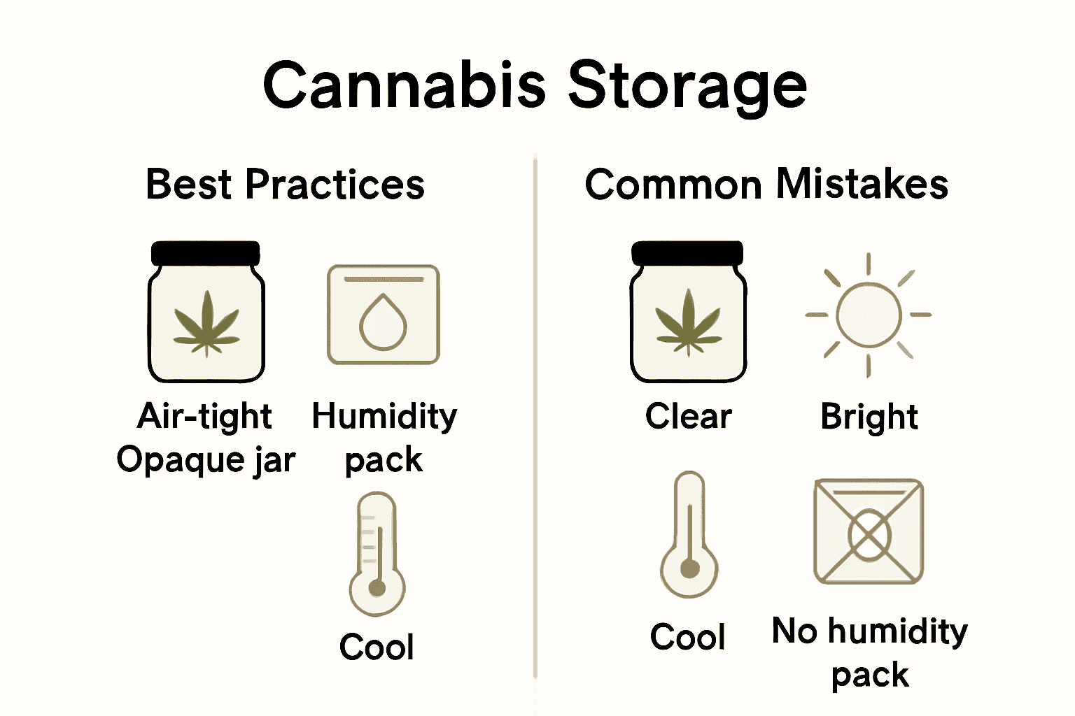 Infographic comparing best and worst cannabis storage habits using icons