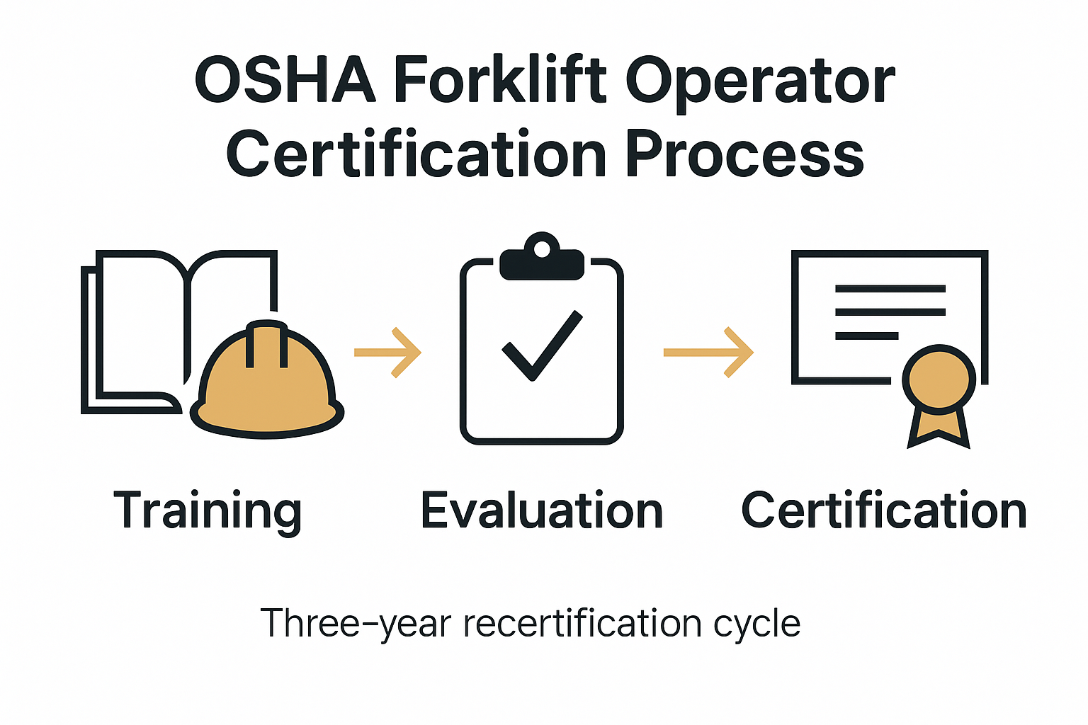 Infographic: forklift operator certification steps with training, evaluation, and certification icons.