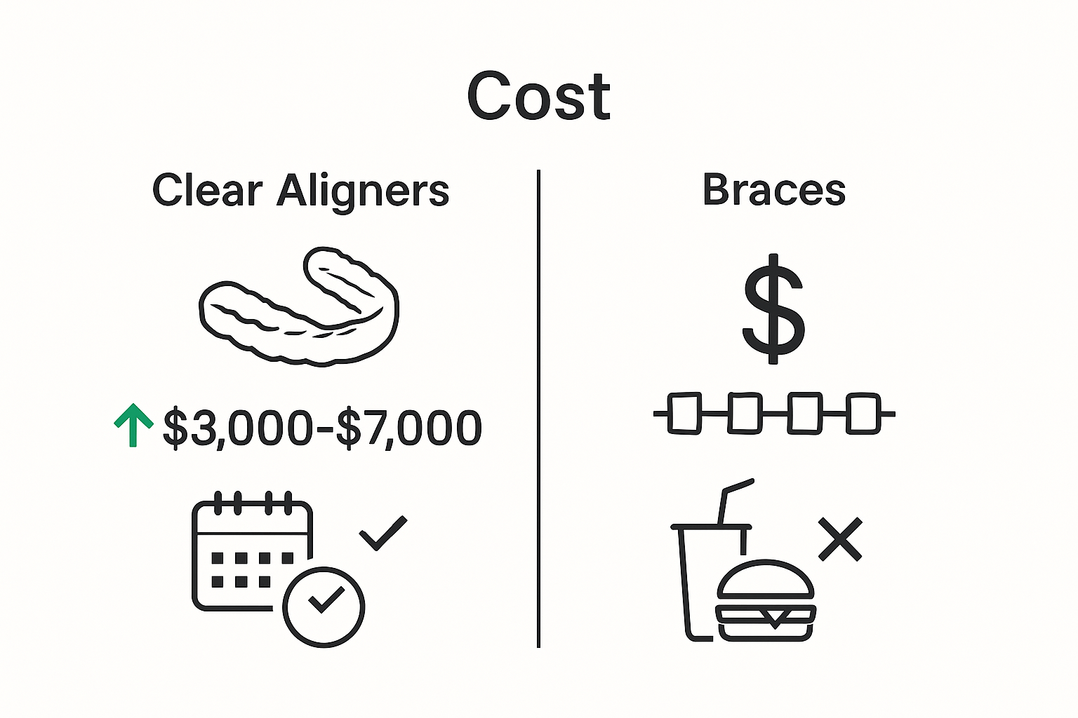 Infographic comparing clear aligners and braces cost elements.