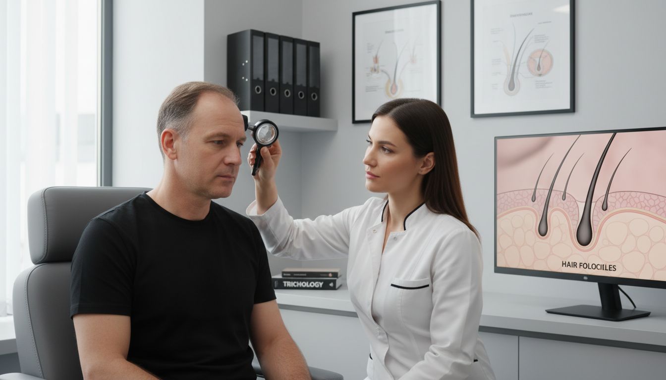 Doctor examining man’s scalp in clinic