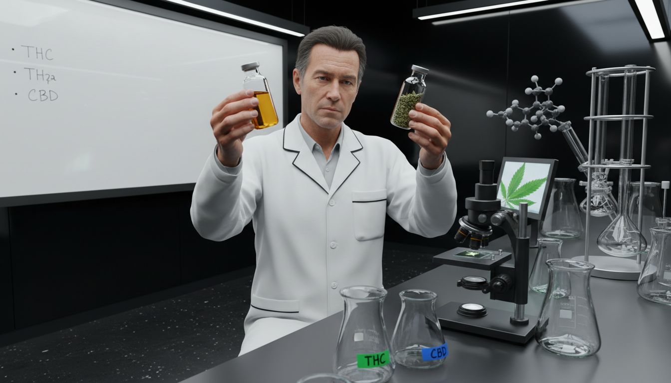 Scientist analyzing THC and CBD in laboratory