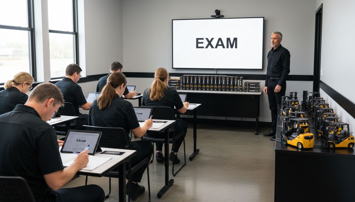 Trainees take forklift certification exam in classroom