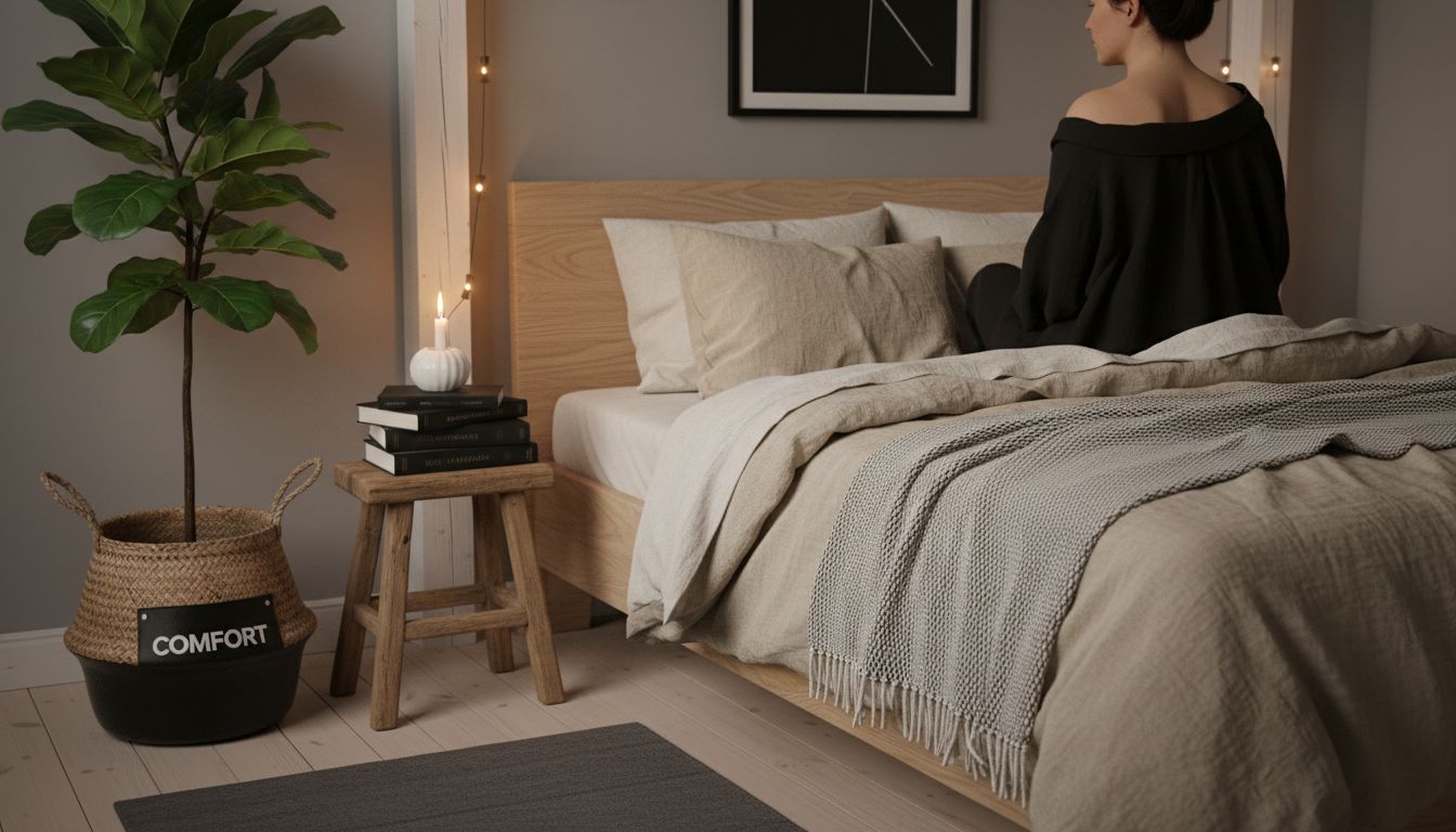 Calming hygge bedroom with natural tones