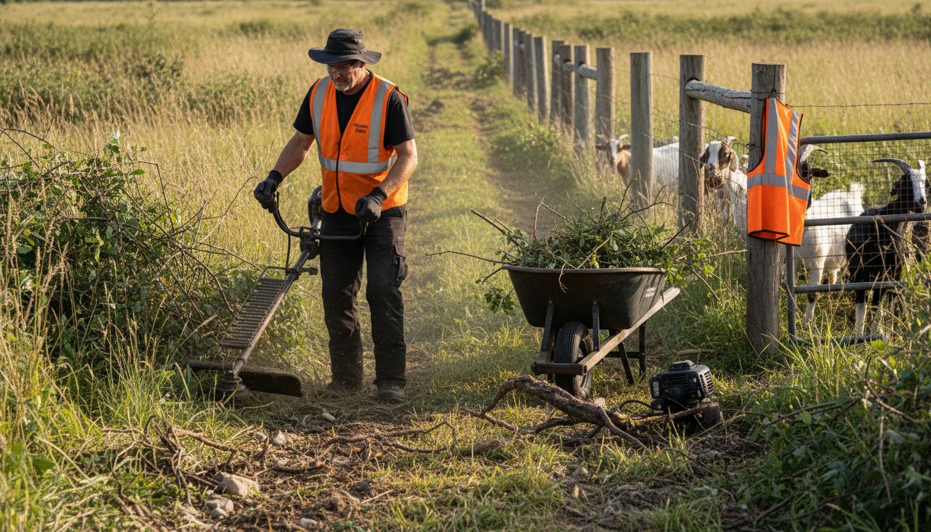 Worker clearing fence line near goats