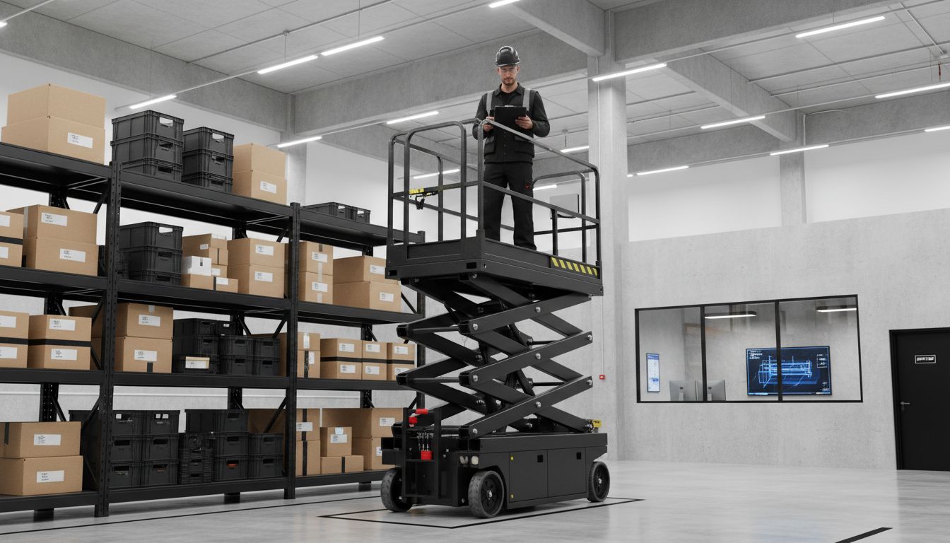 Hydraulic scissor lift used in indoor warehouse