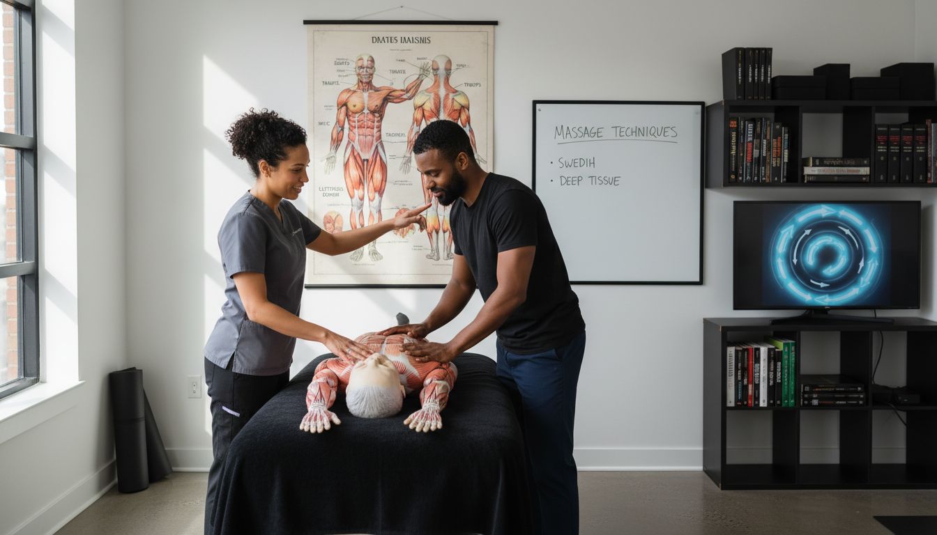 Therapists practicing massage with muscle diagrams