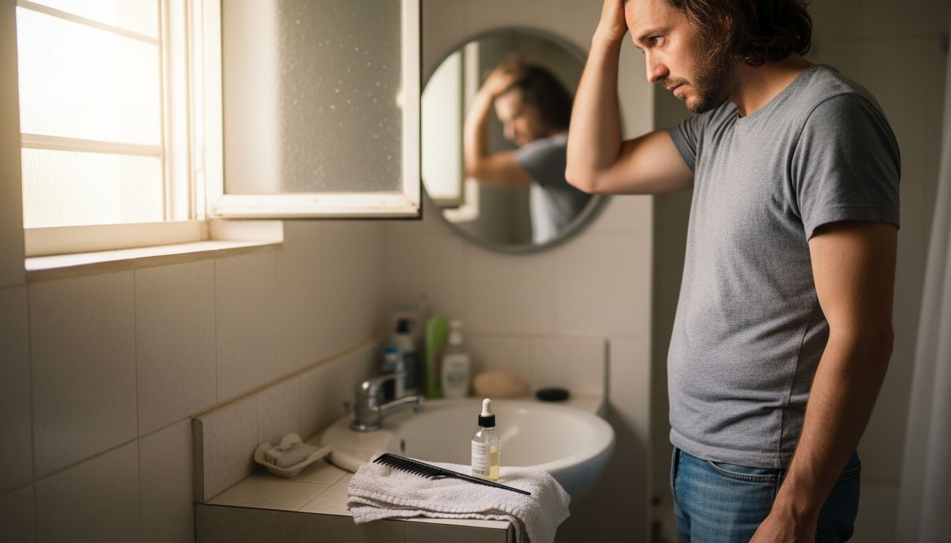 Man examining hair in bathroom mirror