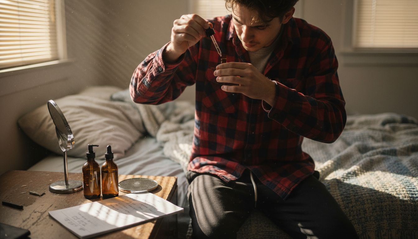 Man applying serum to scalp in bedroom