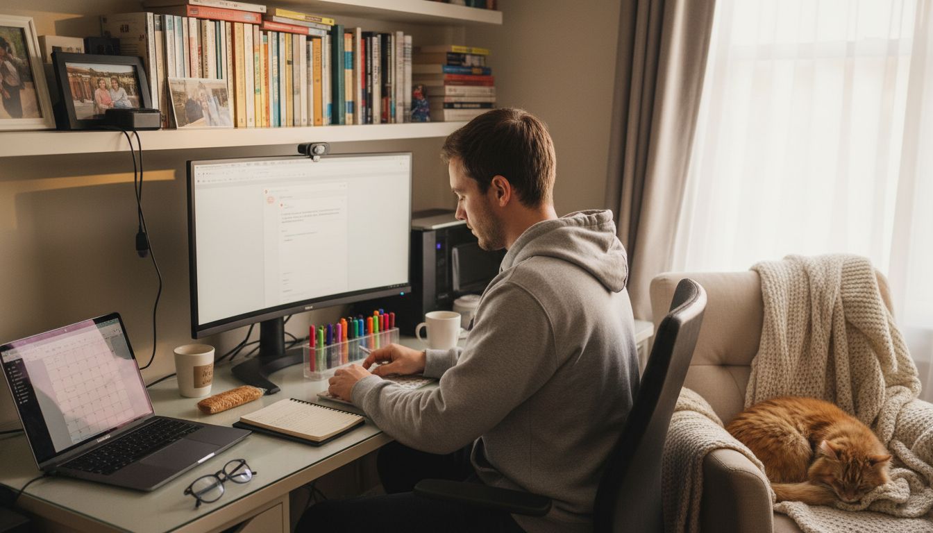 Man organizing desk in home workspace