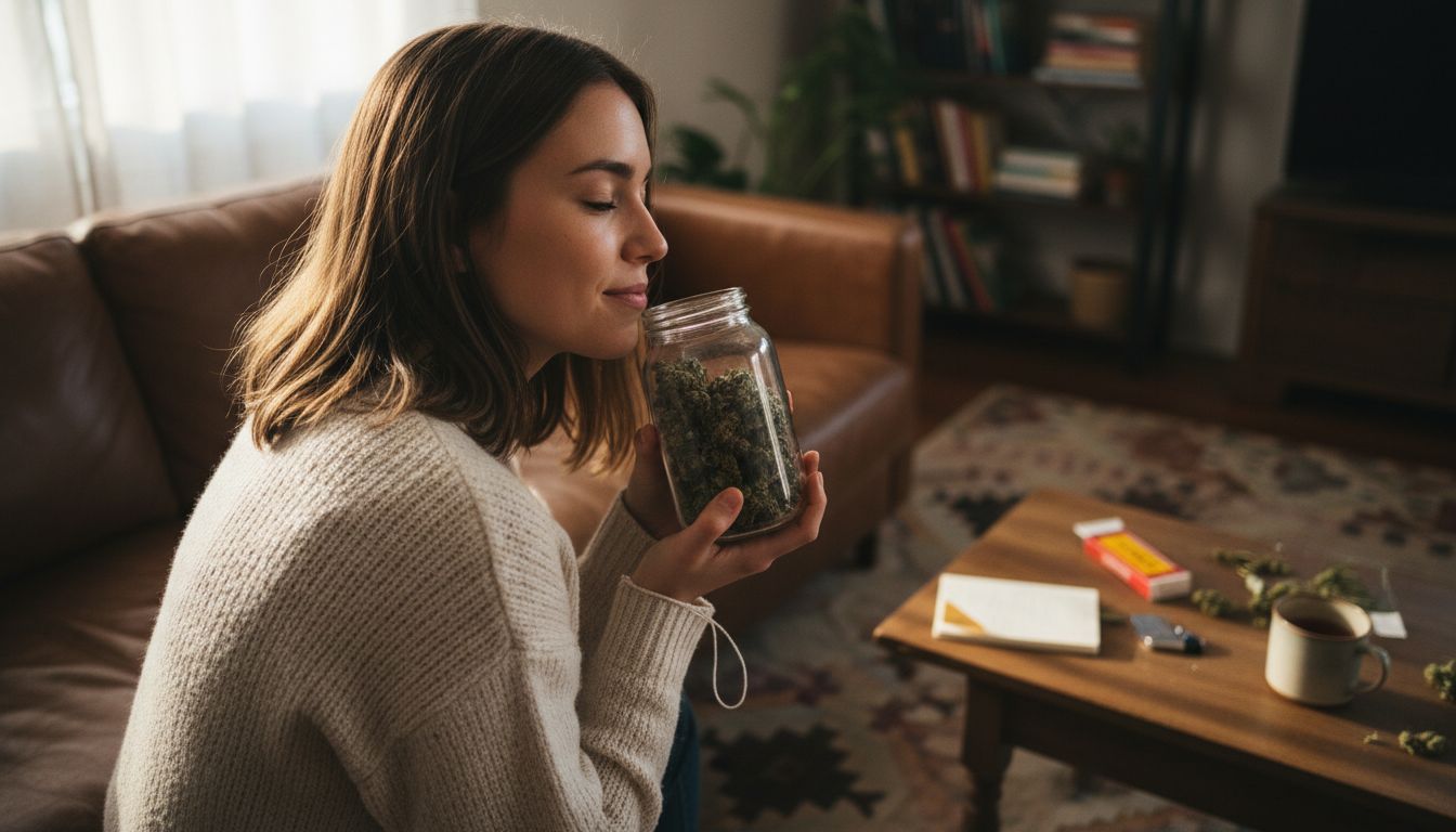 Woman smelling cannabis flower in living room