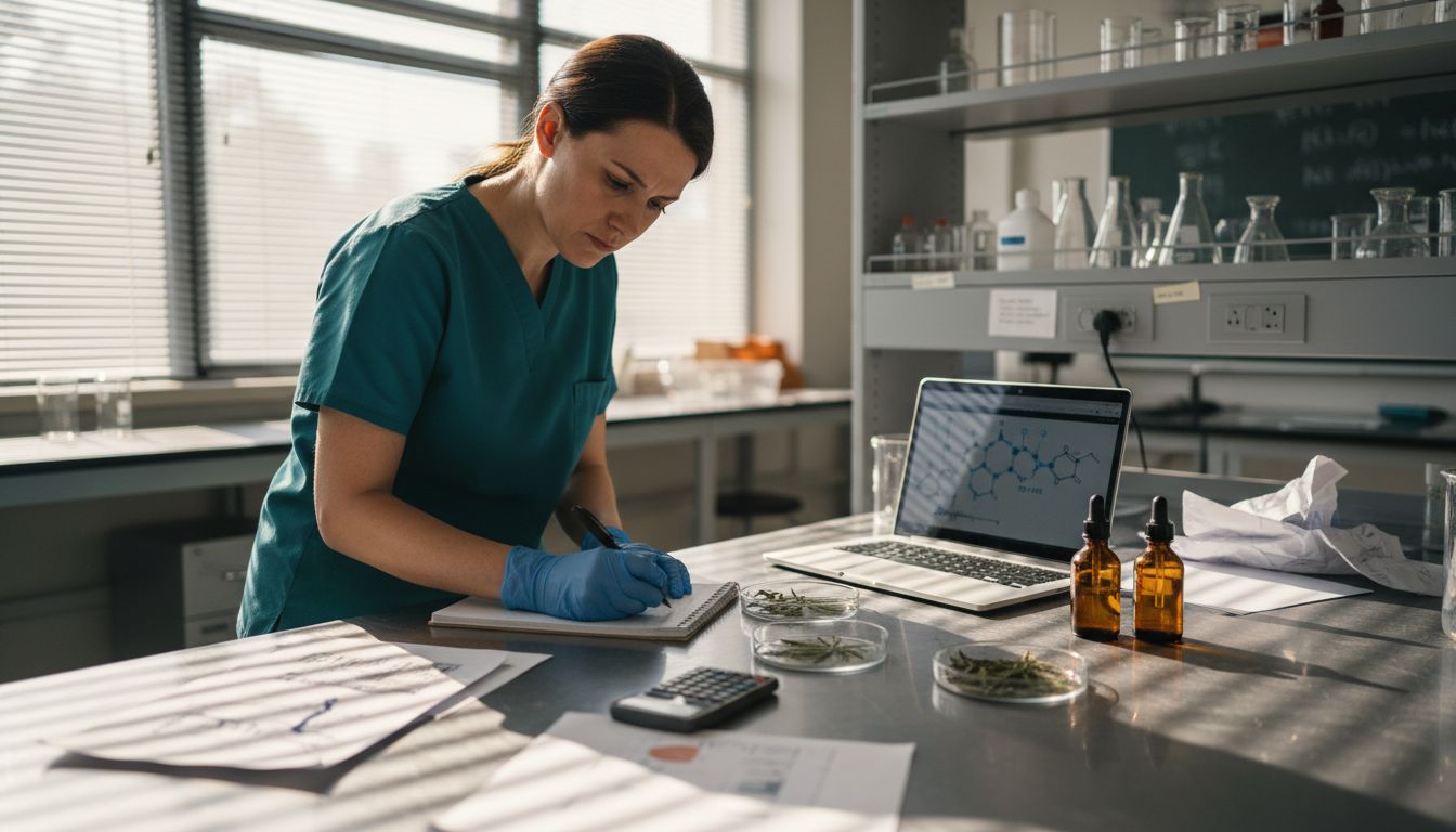 Lab technician studies hemp compound samples