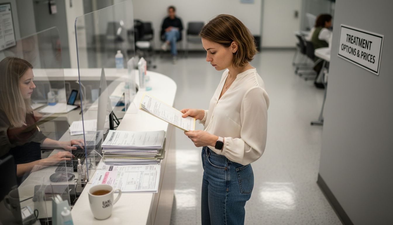 Dental patient reviews treatment estimate at reception