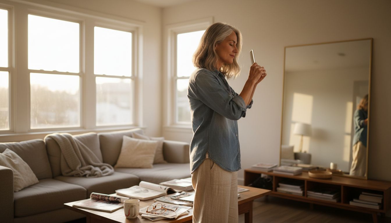 Woman gently combing grey hair at home